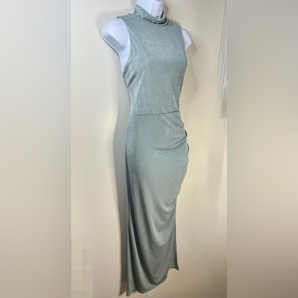 Dee Elly Elegant Mock Neck Silvery Blue Maxi Sleeveless Dress. Size XL. - Picture 5 of 8